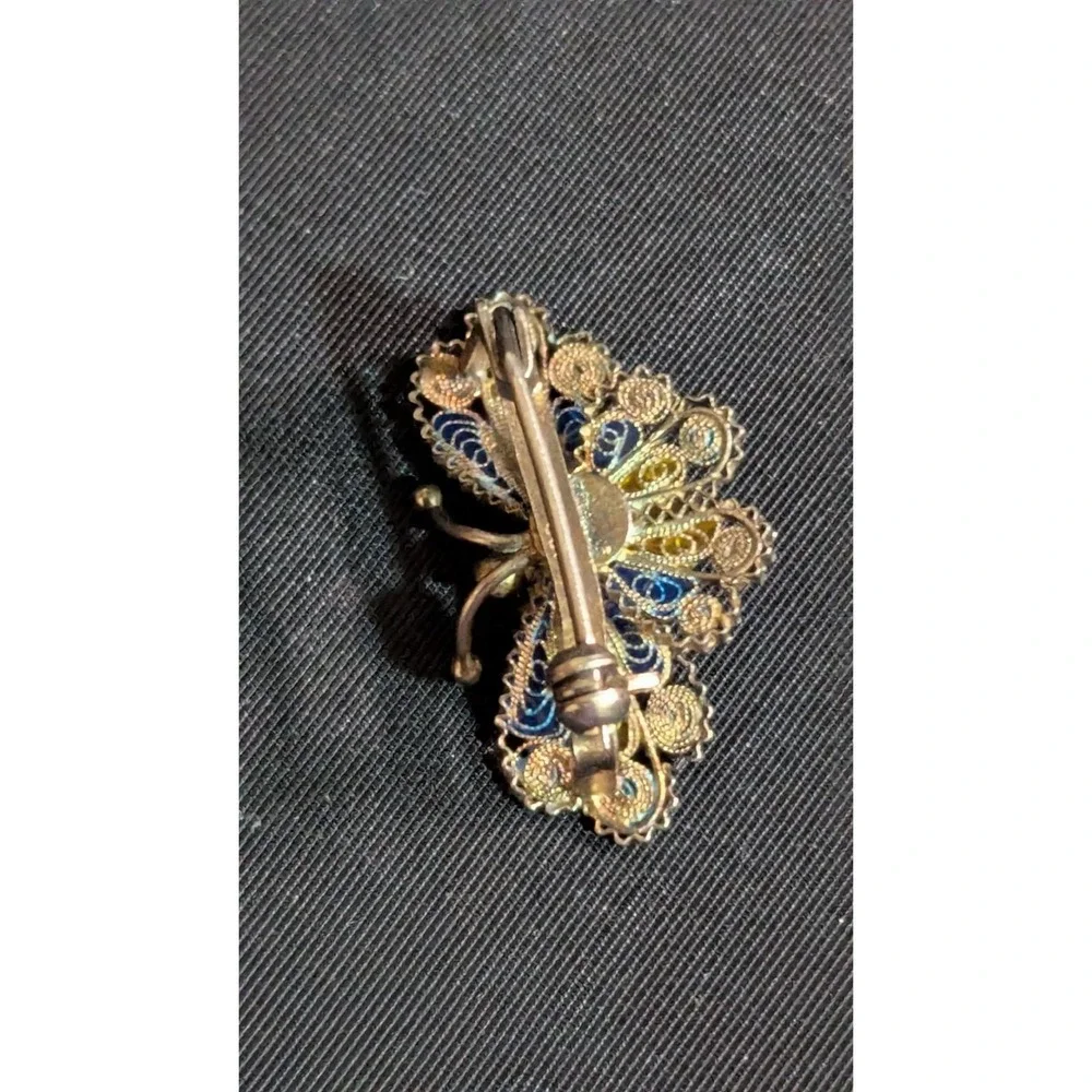 Vintage Enamel Filigree‎ Butterfly Brooch Pin Blue Yellow Silver Tone 1 Inch